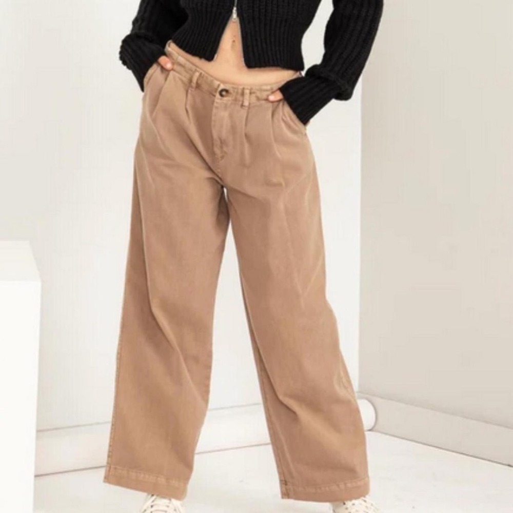 American Eagle Stretch Trouser Pants Womens 16 Tan Brown Wide Leg Pleated Front
